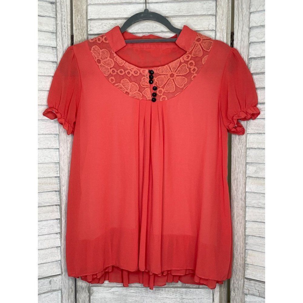 Vintage Style Short Sleeve Chiffon Blouse Size Medium